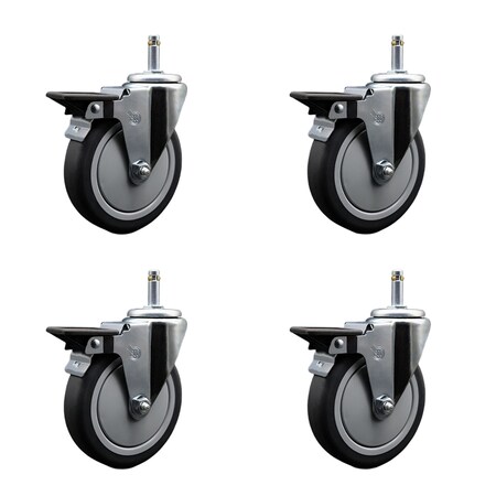 Service Caster 5'' Thermo Rubber Swivel 7/16'' Grip Ring Stem Caster Set with Brake, 4PK SCC-GR20S514-TPRB-PLB-716138-4